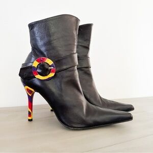 Paloma Barcelo Black Leather Colorful Heel Ankle Buckle Contemporary Boots 39